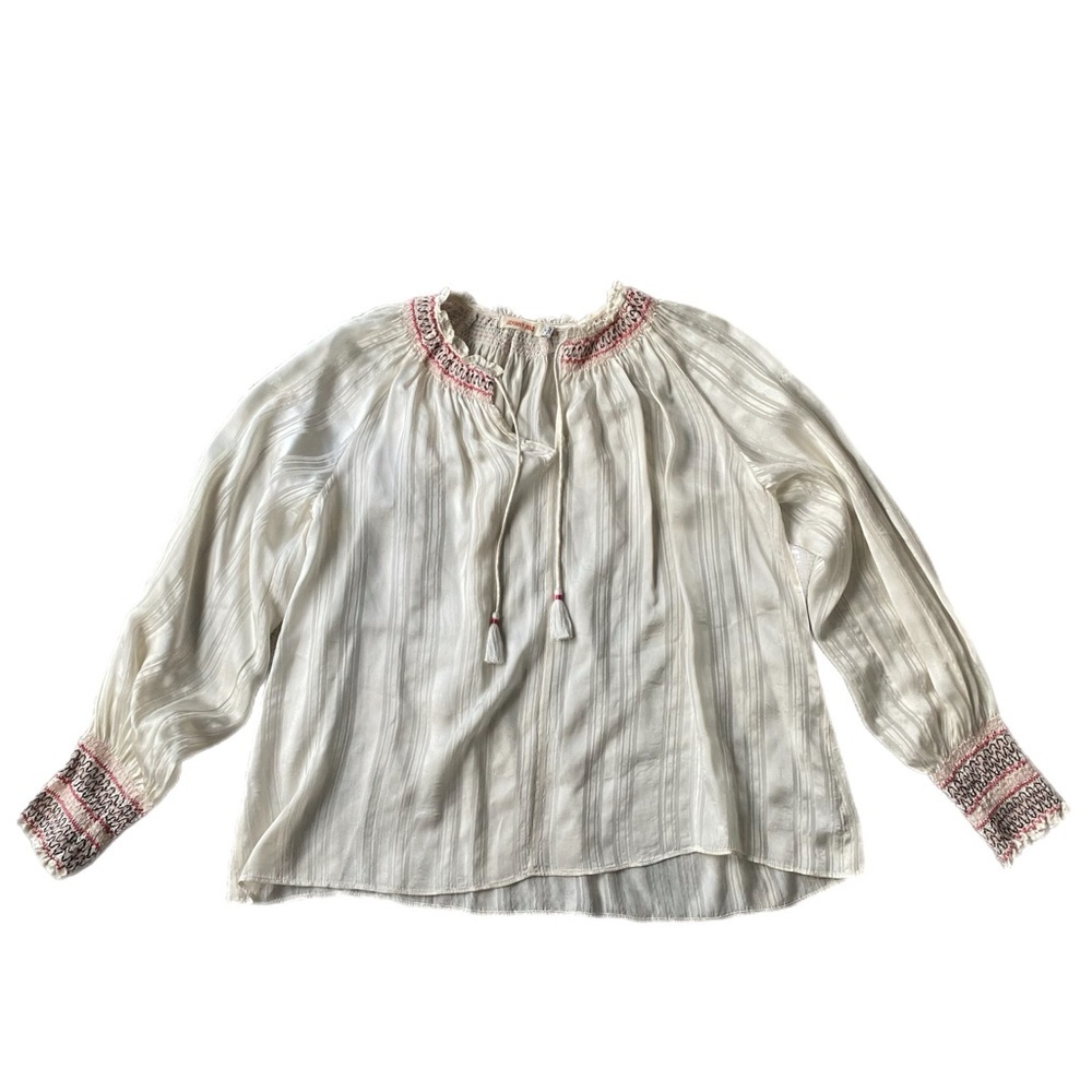 Johnny Was Silk Smock Peasant White Embroidered Blouse size Small